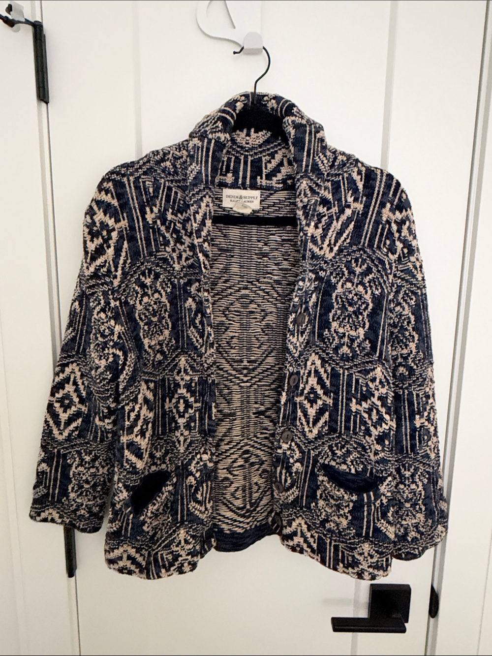 Moss & Spy Navy and Cream Patterned Shawl Collar Jacket